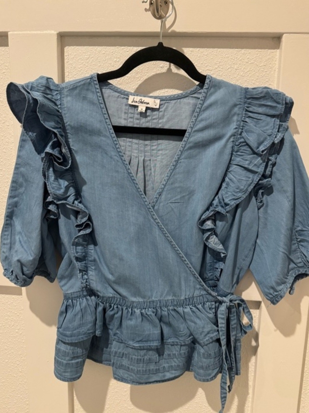 Sam Edelman Chambray Ruffle Wrap Blouse - Light Blue